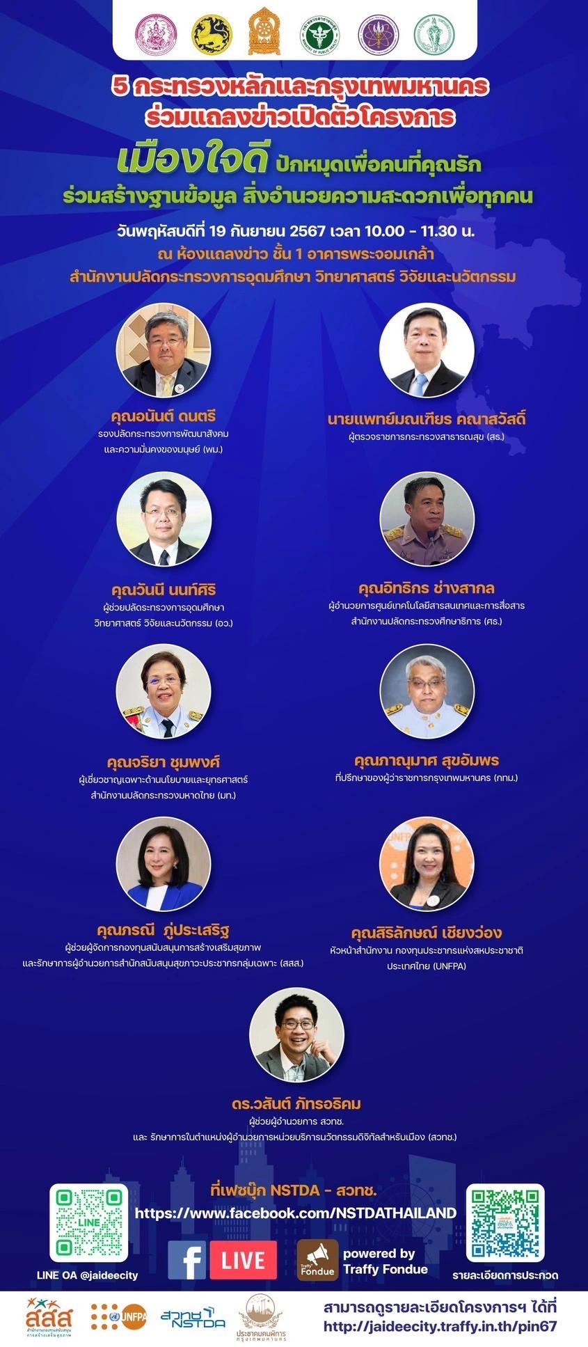 5 กระทรวงหลักและกรุงเทพมหานคร ร่วมแถลงข่าวเปิดตัวโครงการ “เมืองใจดี ปักหมุดเพื่อคนที่คุณรัก” ร่วมสร้างฐานข้อมูล สิ่งอำนวยความสะดวกเพื่อทุกคน วันพฤหัสบดีที่ 19 กันยายน 2567 เวลา 10.00 - 11.30 น. ณ ห้องแถลงข่าว ชั้น 1 อาคารพระจอมเกล้า สำนักงานปลัดกระทรวงการอุดมศึกษา วิทยาศาสตร์ วิจัยและนวัตกรรม คุณอนันต์ ดนตรี รองปลัดกระทรวงการพัฒนาสังคมและความมั่นคงของมนุษย์ (พม.) นายแพทย์มณเฑียร คณาสวัสดิ์ ผู้ตรวจราชการกระทรวงสาธารณสุข (สธ.) คุณวันนี นนท์ศิริ ผู้ช่วยปลัดระทรวงการอุดมศึกษาวิทยาศาสตร์ วิจัยและนวัตกรรม (อว.) คุณอิทธิกร ช่างสากล ผู้อำนวยการศูนย์เทคโนโลยีสารสนเทศและการสื่อสาร สำนักงานปลัดกระทรวงศึกษาธิการ (ศร.) คุณจริยา ชุมพงศ์ ผู้เชี่ยวชาญเฉพาะด้านนโยบายและยุทธศาสตร์ สำนักงานปลัดกระทรวงมหาดไทย (มท.) คุณภาณุมาศ สุขอัมพร ที่ปรึกษาของผู้ว่าราชการกรุงเทพมหานคร (กทม.) คุณภรณี ภู่ประเสริฐ ผู้ช่วยผู้จัดการกองทุนสนับสนุนการสร้างเสริมสุขภาพ และรักษาการผู้อำนวยการสำนักสนับสนุนสุขภาวะประชากรกลุ่มเฉพาะ (สสส.) คุณสิริลักษณ์ เชียงว่อง หัวหน้าสำนักงาน กองทุนประชากรแห่งสหประชาชาติ ประเทศไทย (UNFPA) ดร.วสันต์ ภัทรอธิคม ผู้ช่วยผู้อำนวยการ สวทช.และ รักษาการในตำแหน่งผู้อำนวยการหน่วยบริการบวัตกรรมดิจิทัลสำหรับเมือง (สวทช.) สามารถดูรายละเอียดโครงการฯ ได้ที่ http://jaideecity.traffy.in.th/pin67